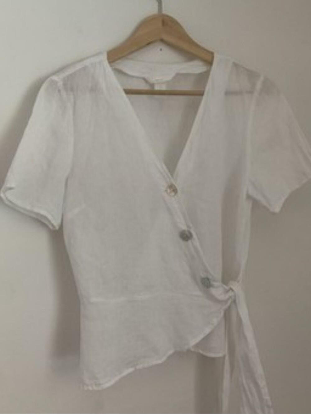 H&M Premium Collection 100% Linen White Wrap Top Peplum Button Tie Blouse